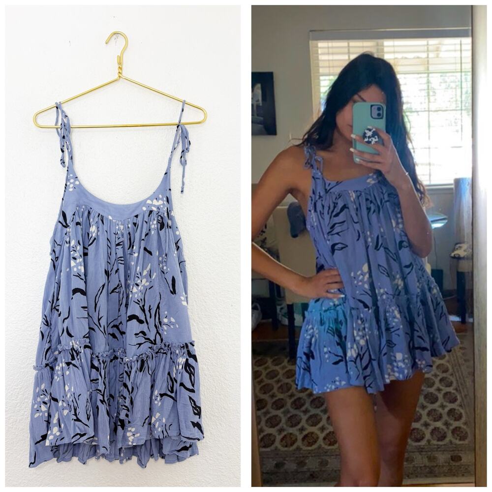 Free People Blue Floral Babydoll Mini Dress Tunic Size XS Tie Strap Boho Cottage